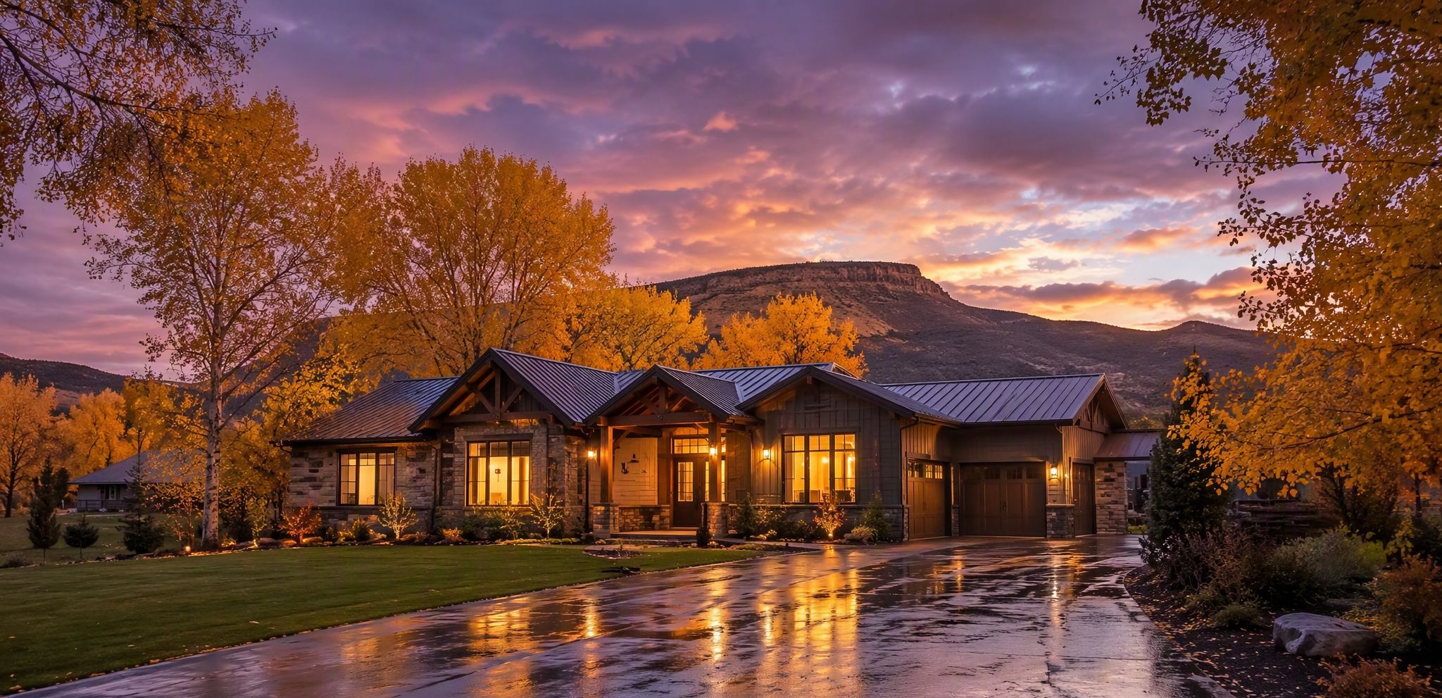 Ranch-craftsman home in Boise at golden hour in autumn, golden cottonwoods and a foothill mesa behind a rain-wet reflective driveway